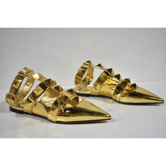 Valentino Rockstud Gold Pyramid Stud Pointed Ankle Strap Ballerina Flat 36.5 - Picture 4 of 12